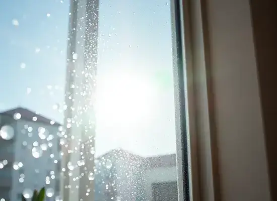 Close-up of sparkling clean window with sunlight