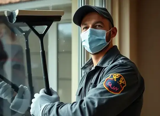 Window cleaning technician at work using professional equipment