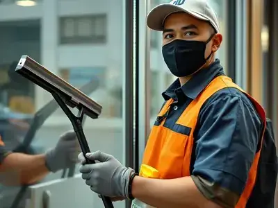 Professional window cleaner at work