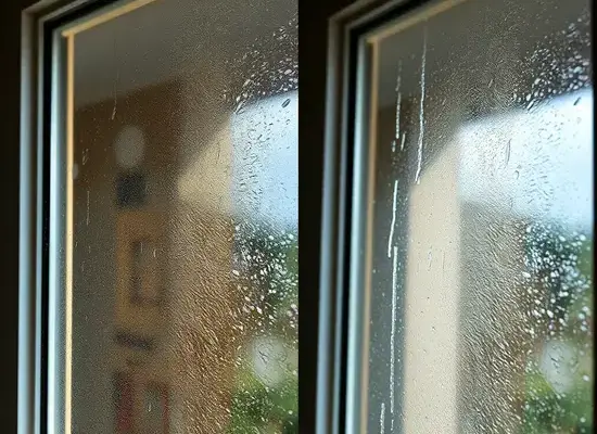 Before and after window restoration showing hard water stain removal
